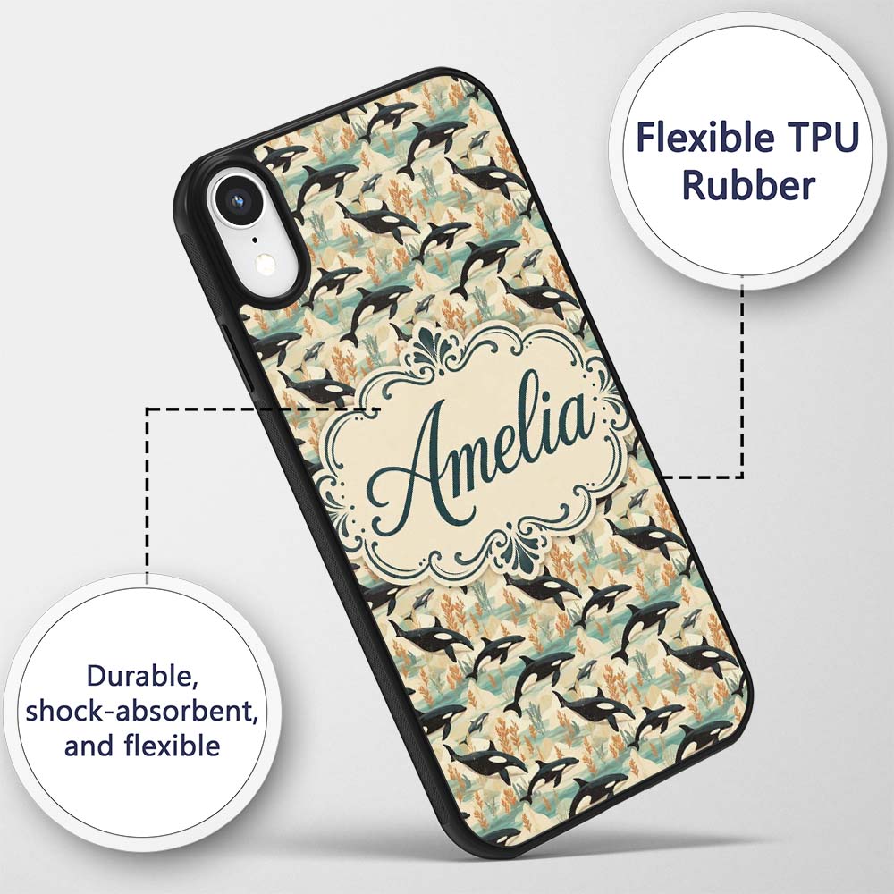 Watercolor Orca Whale Splash Seamless Pattern Custom Name Protective Phone Case Mobile Cover Durable Everyday Smartphone Shock Resistant