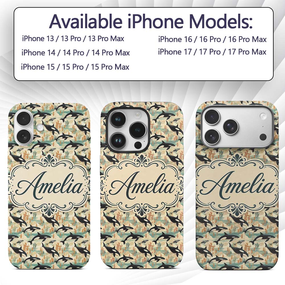 Watercolor Orca Whale Splash Seamless Pattern Custom Name Protective Phone Case Mobile Cover Durable Everyday Smartphone Shock Resistant