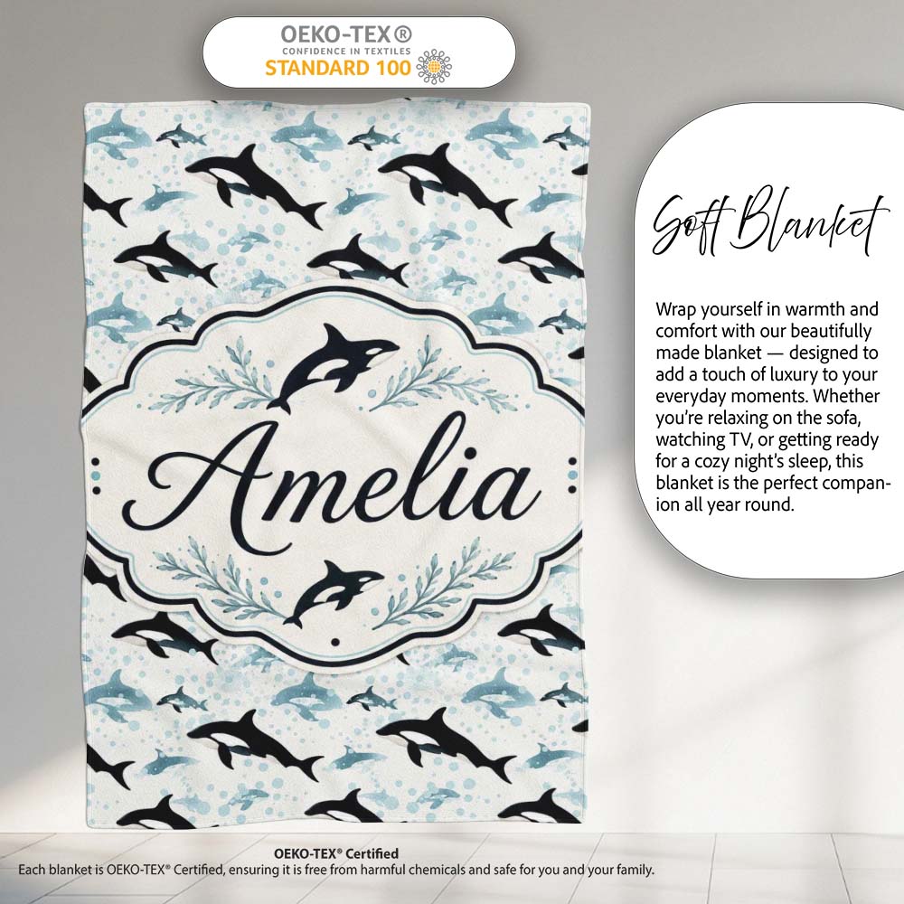 Orca Whale Forest Landscape Seamless Pattern Nature Meets Ocean  Personalised Custom Name Super Soft Fleece Blanket Bed Sofa Throw