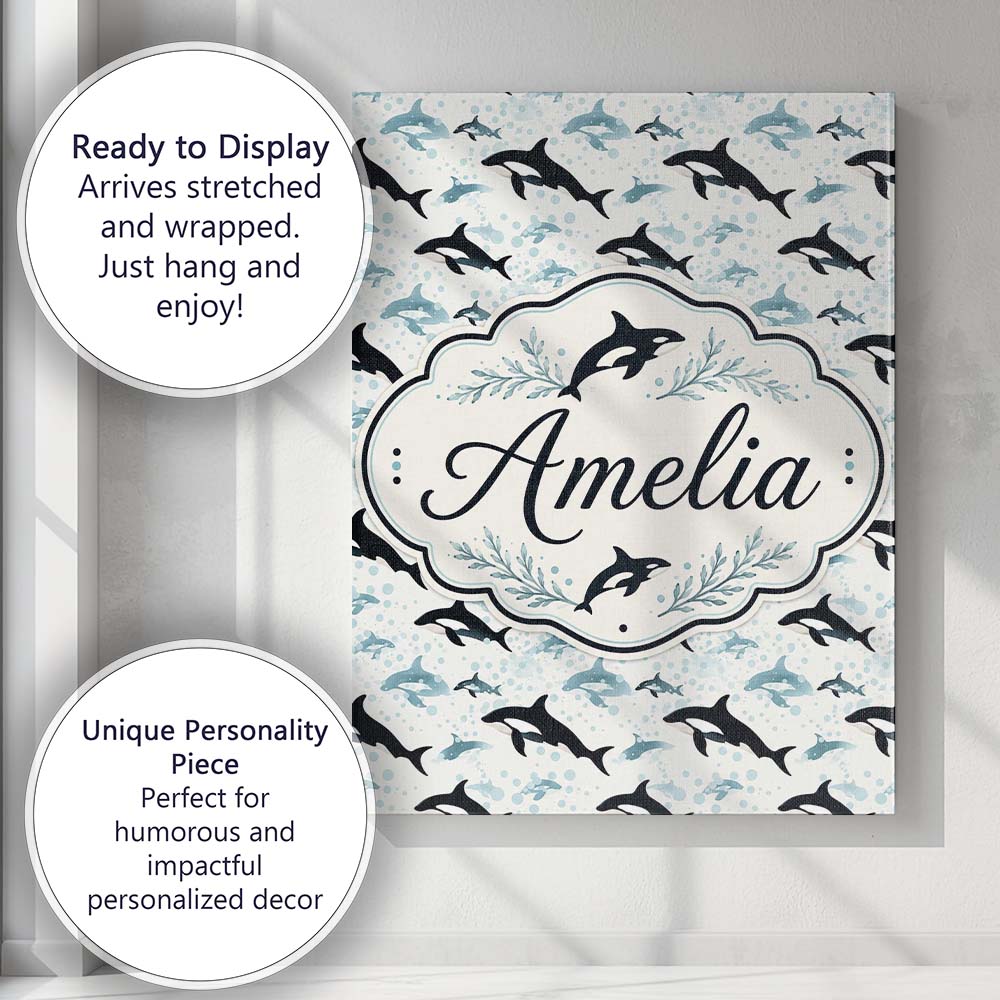 Personalised Name Orca Whale Forest Landscape Custom Unique Gift Idea Modern Room Accent Canvas Wall Art Print Decor Picture Ready to Hang