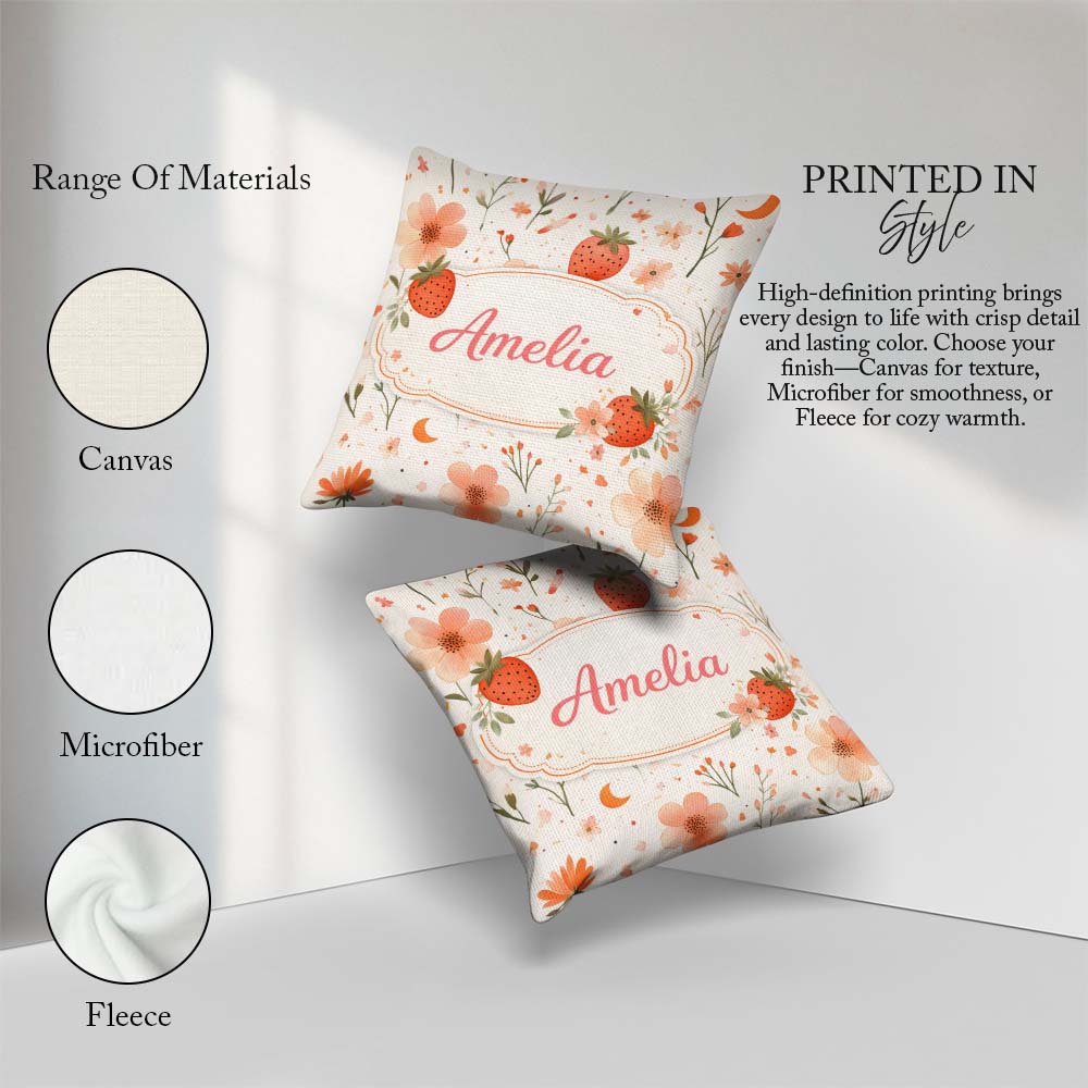 Custom Name Strawberry and Floral Cute Summer Pattern Decor Square Filled Cushion Throw Pillow Sofa Bed Home Decor Zip Washable UK Made
