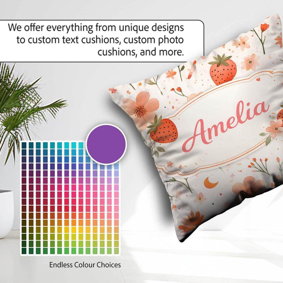 Custom Name Strawberry and Floral Cute Summer Pattern Decor Square Filled Cushion Throw Pillow Sofa Bed Home Decor Zip Washable UK Made