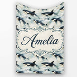 Orca Whale Ocean Surface Seamless Pattern Realistic Marine Life  Personalised Custom Name Super Soft Fleece Blanket Bed Sofa Throw
