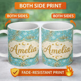 Personalized Custom Name Light Blue Gold Snowflake Star Glitter Christmas Seamless Pattern 11oz Ceramic Coffee Tea Mug White Large Handle