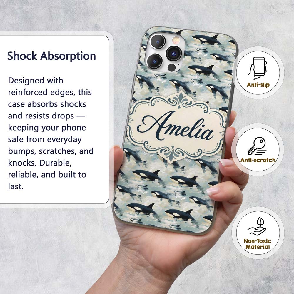 Orca Whale Ocean Surface Seamless Printed Design Custom Name Protective Phone Case Mobile Cover Durable Everyday Smartphone Shock Resistant