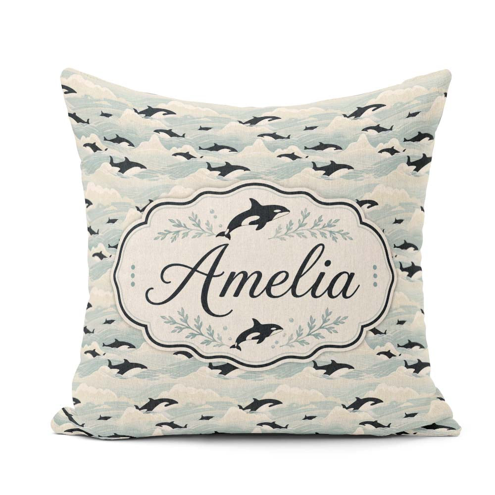 Custom Name Orca Whale Seaweed Seamless Pattern Marine Botanical Square Filled Cushion Throw Pillow Sofa Bed Home Decor Zip Washable UK Made