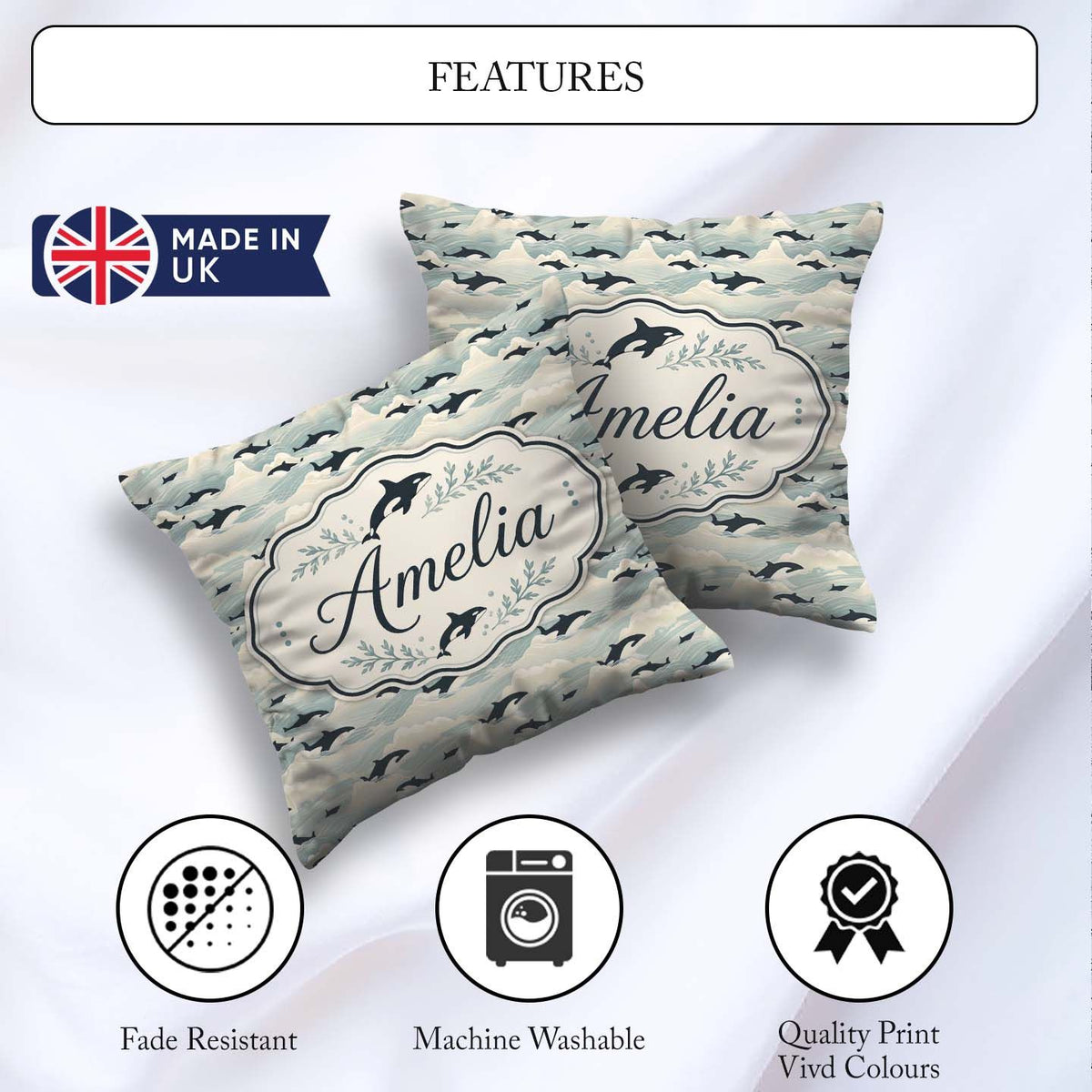 Custom Name Orca Whale Seaweed Seamless Pattern Marine Botanical Square Filled Cushion Throw Pillow Sofa Bed Home Decor Zip Washable UK Made