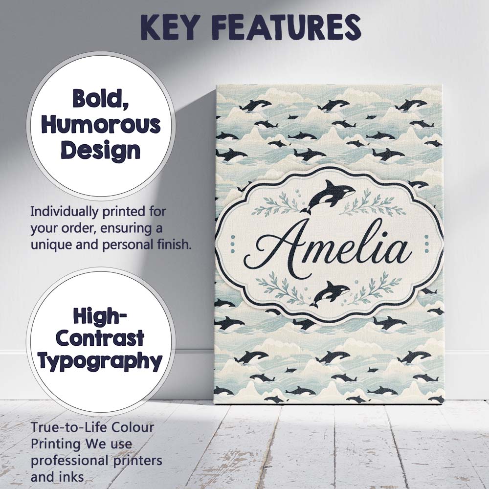Personalised Name Orca Whale Seaweed Custom Premium Decorative Design Modern Room Accent Canvas Wall Art Print Decor Picture Ready to Hang
