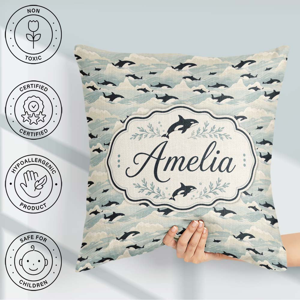 Custom Name Orca Whale Seaweed Seamless Pattern Marine Botanical Square Filled Cushion Throw Pillow Sofa Bed Home Decor Zip Washable UK Made