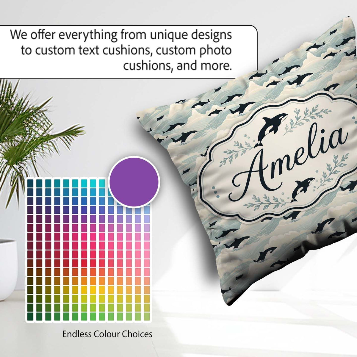 Custom Name Orca Whale Seaweed Seamless Pattern Marine Botanical Square Filled Cushion Throw Pillow Sofa Bed Home Decor Zip Washable UK Made