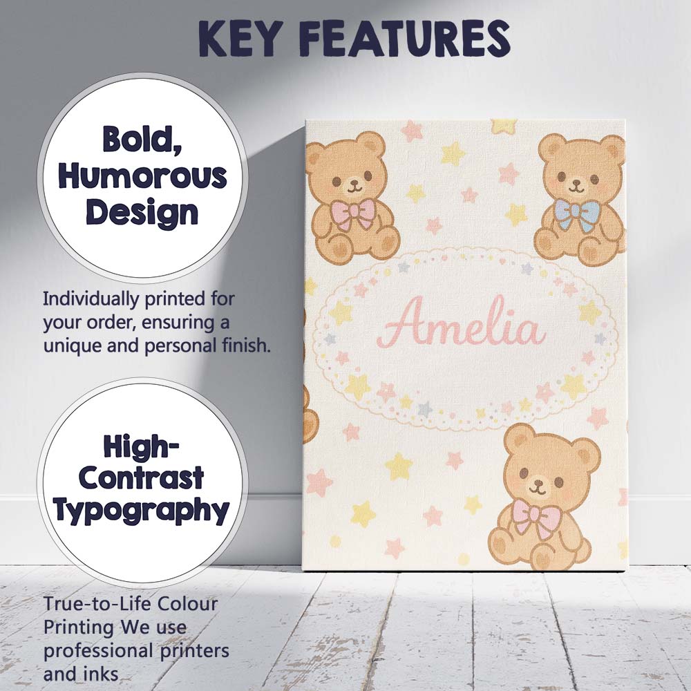 Personalised Name Cute Teddy Bear Bow Cartoon Animal Pattern Beautiful Custom Decorative Canvas Wall Art Print Decor Picture Ready to Hang