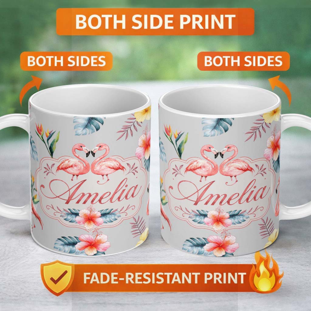 Personalized Custom Name Elegant Pink Flamingos Tropical Flowers on Grey Background Seamless 11oz Ceramic Coffee Tea Mug White Large Handle