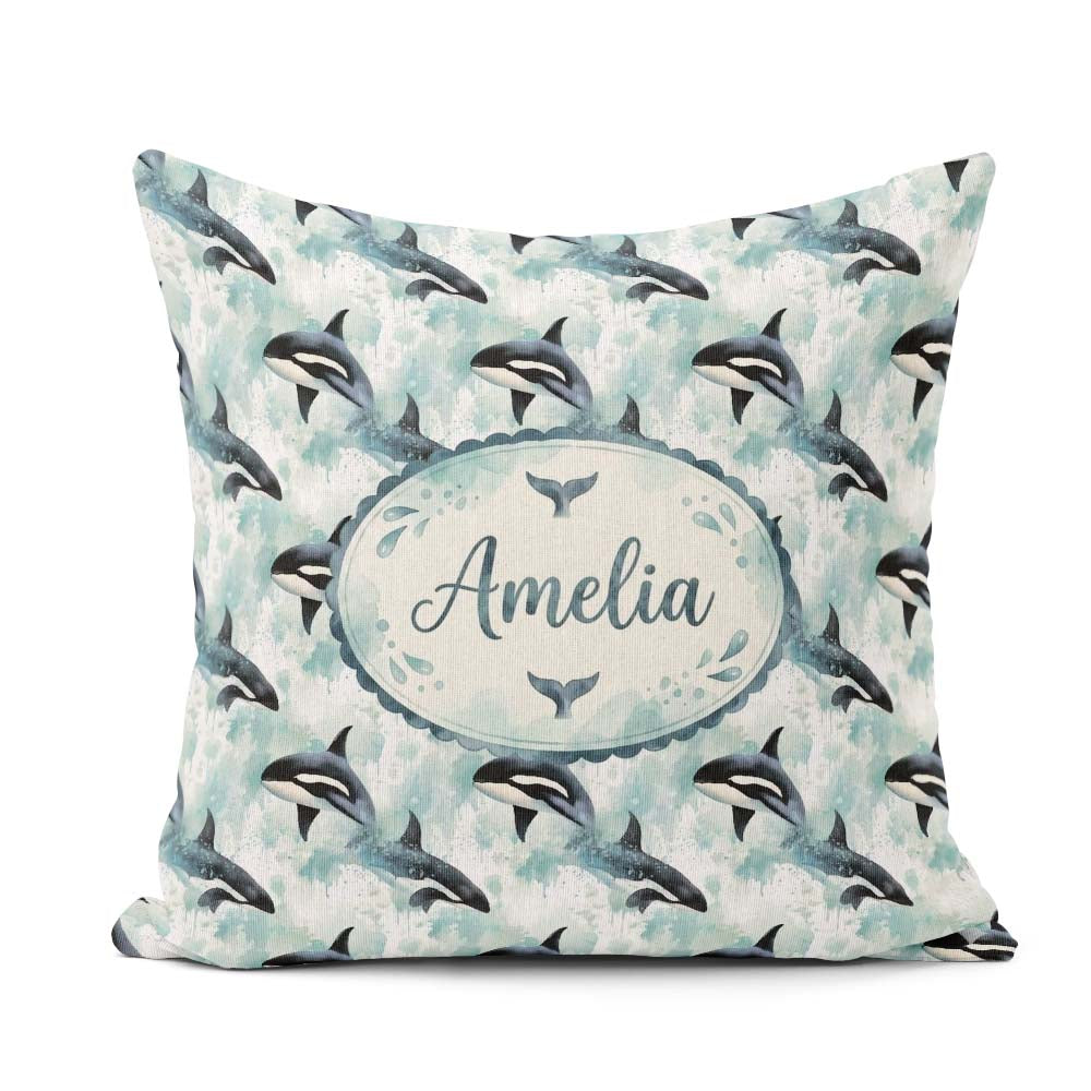 Custom Name Orca Whale Coral Reef Seamless Pattern Vibrant Ocean Square Filled Cushion Throw Pillow Sofa Bed Home Decor Zip Washable UK Made