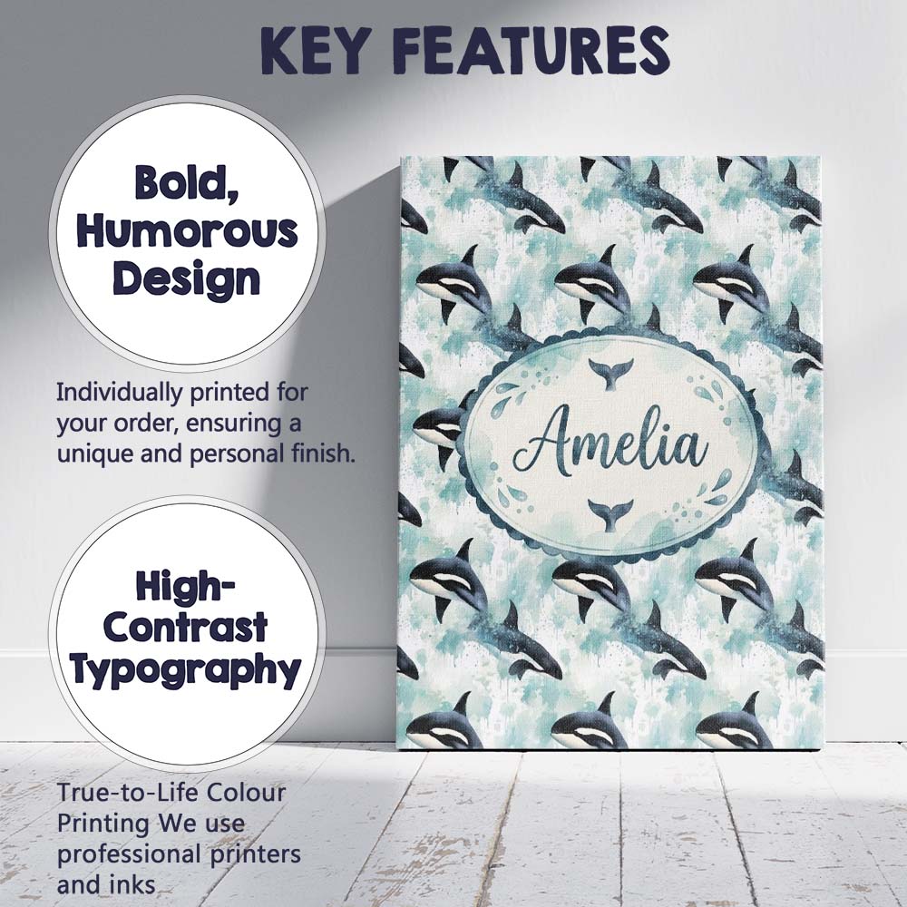 Personalised Name Orca Whale Coral Reef Custom  Modern Room Accent Elegant Feature Canvas Wall Art Print Decor Picture Ready to Hang