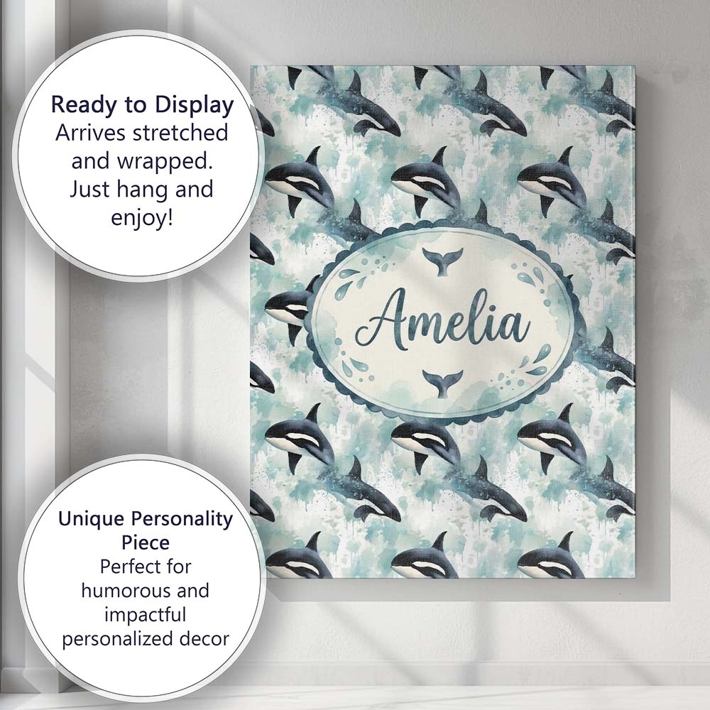 Personalised Name Orca Whale Coral Reef Custom  Modern Room Accent Elegant Feature Canvas Wall Art Print Decor Picture Ready to Hang