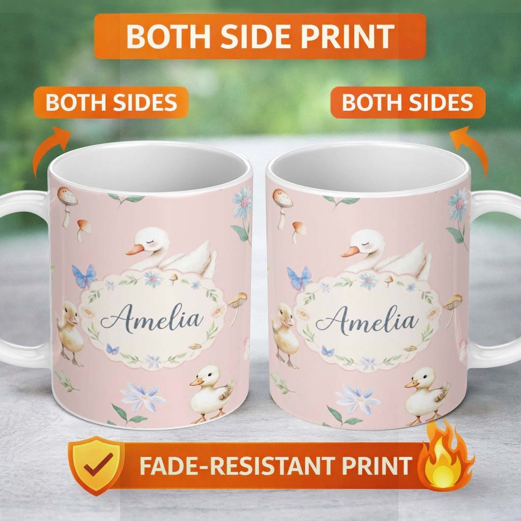 Personalized Custom Name Swan and Ducklings with Flowers Mushrooms Soft Pink Seamless 11oz Ceramic Coffee Tea Mug White Large Handle