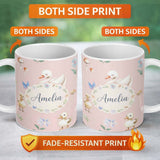 Personalized Custom Name Swan and Ducklings with Flowers Mushrooms Soft Pink Seamless 11oz Ceramic Coffee Tea Mug White Large Handle