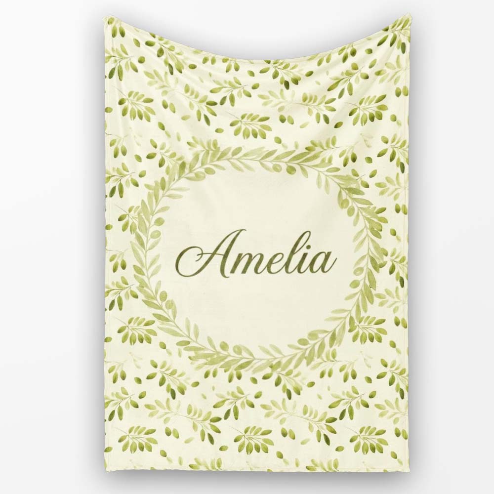 Light Olive Leaves Seamless Pattern Minimal Botanical Nature Design  Personalised Custom Name Super Soft Fleece Blanket Bed Sofa Throw