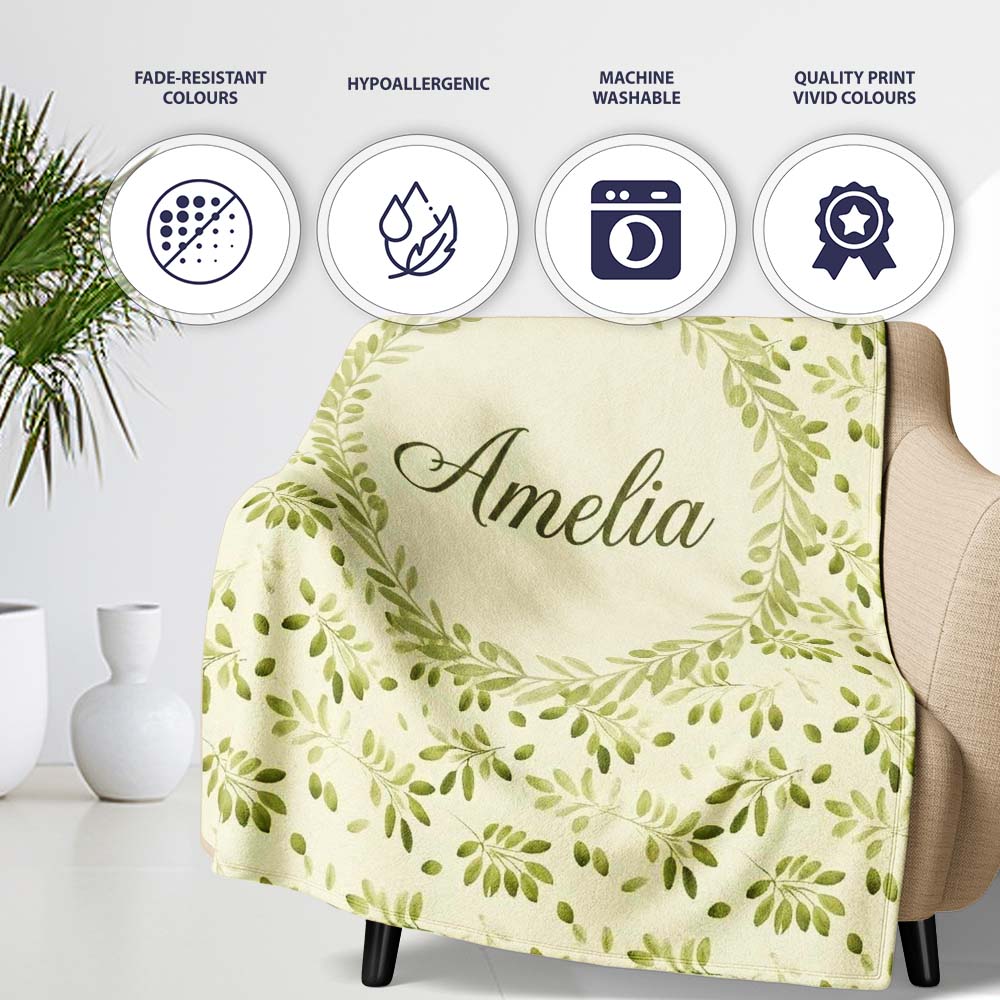 Light Olive Leaves Seamless Pattern Minimal Botanical Nature Design  Personalised Custom Name Super Soft Fleece Blanket Bed Sofa Throw