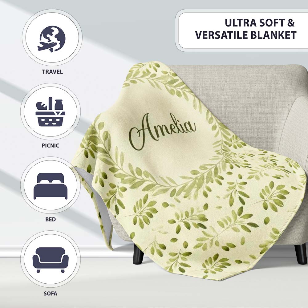 Light Olive Leaves Seamless Pattern Minimal Botanical Nature Design  Personalised Custom Name Super Soft Fleece Blanket Bed Sofa Throw