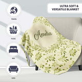 Light Olive Leaves Seamless Pattern Minimal Botanical Nature Design  Personalised Custom Name Super Soft Fleece Blanket Bed Sofa Throw