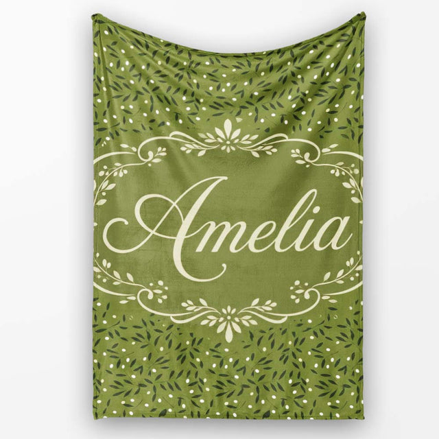 Green Olive Leaf Scatter Seamless Pattern Organic Nature Design  Personalised Custom Name Super Soft Fleece Blanket Bed Sofa Throw