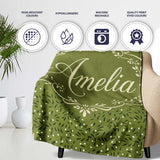 Green Olive Leaf Scatter Seamless Pattern Organic Nature Design  Personalised Custom Name Super Soft Fleece Blanket Bed Sofa Throw