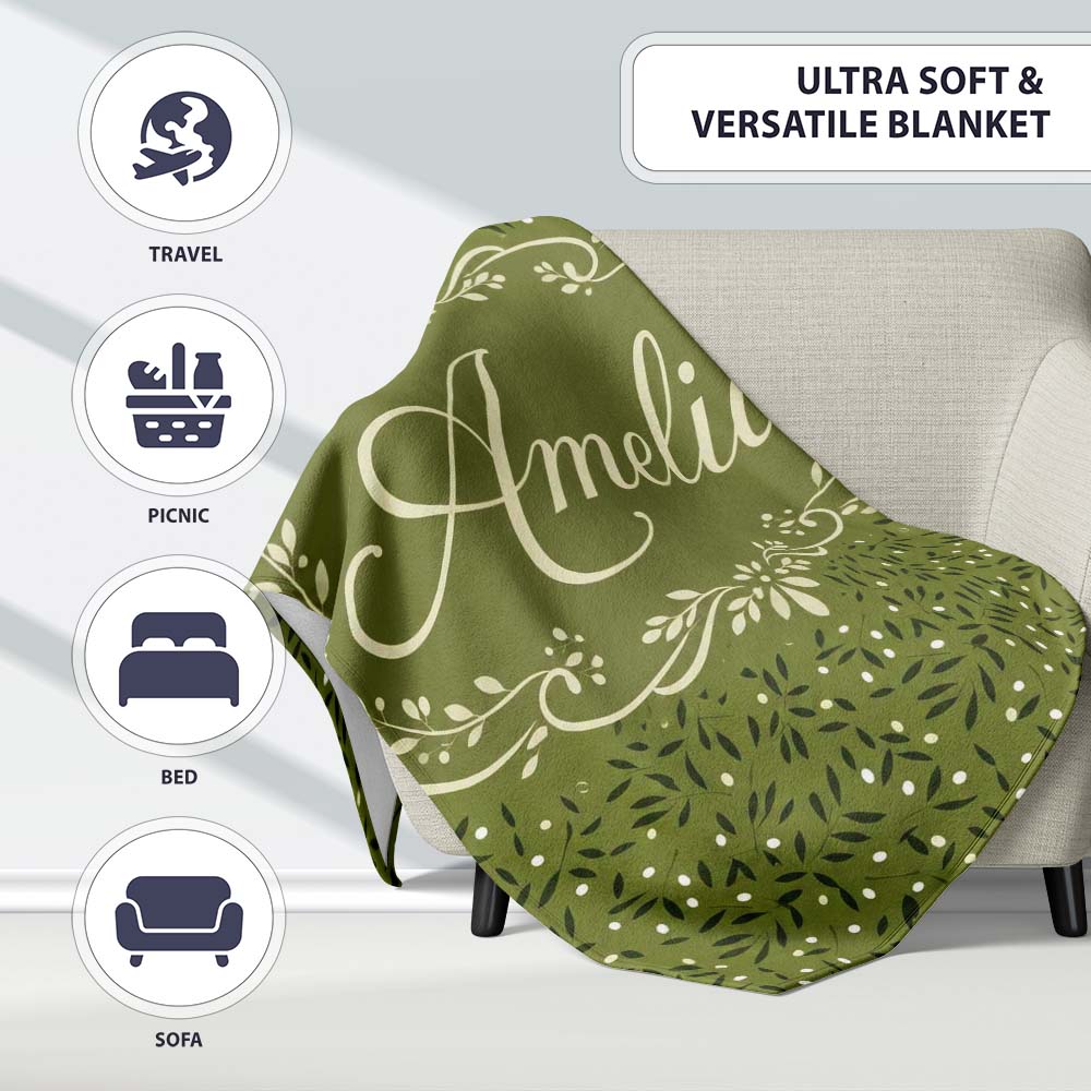 Green Olive Leaf Scatter Seamless Pattern Organic Nature Design  Personalised Custom Name Super Soft Fleece Blanket Bed Sofa Throw