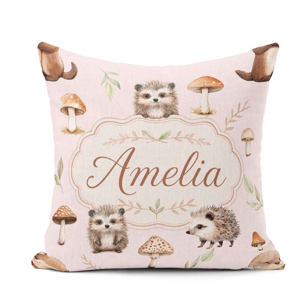 Custom Name Cute Hedgehog and Mushroom Seamless Pattern Woodland Square Filled Cushion Throw Pillow Sofa Bed Home Decor Zip Washable UK Made