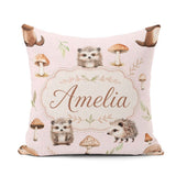 Custom Name Cute Hedgehog and Mushroom Seamless Pattern Woodland Square Filled Cushion Throw Pillow Sofa Bed Home Decor Zip Washable UK Made
