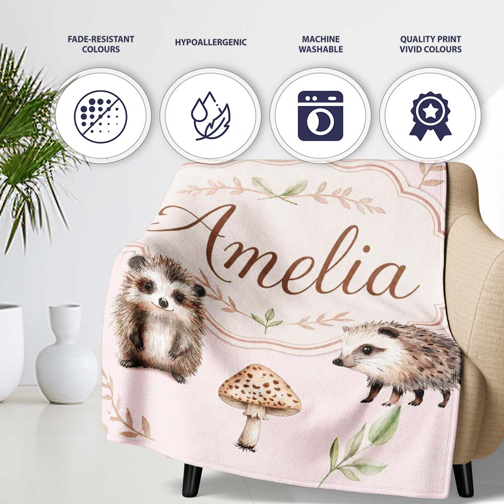 Cute Hedgehog and Mushroom Seamless Pattern Woodland Nursery Design  Personalised Custom Name Super Soft Fleece Blanket Bed Sofa Throw