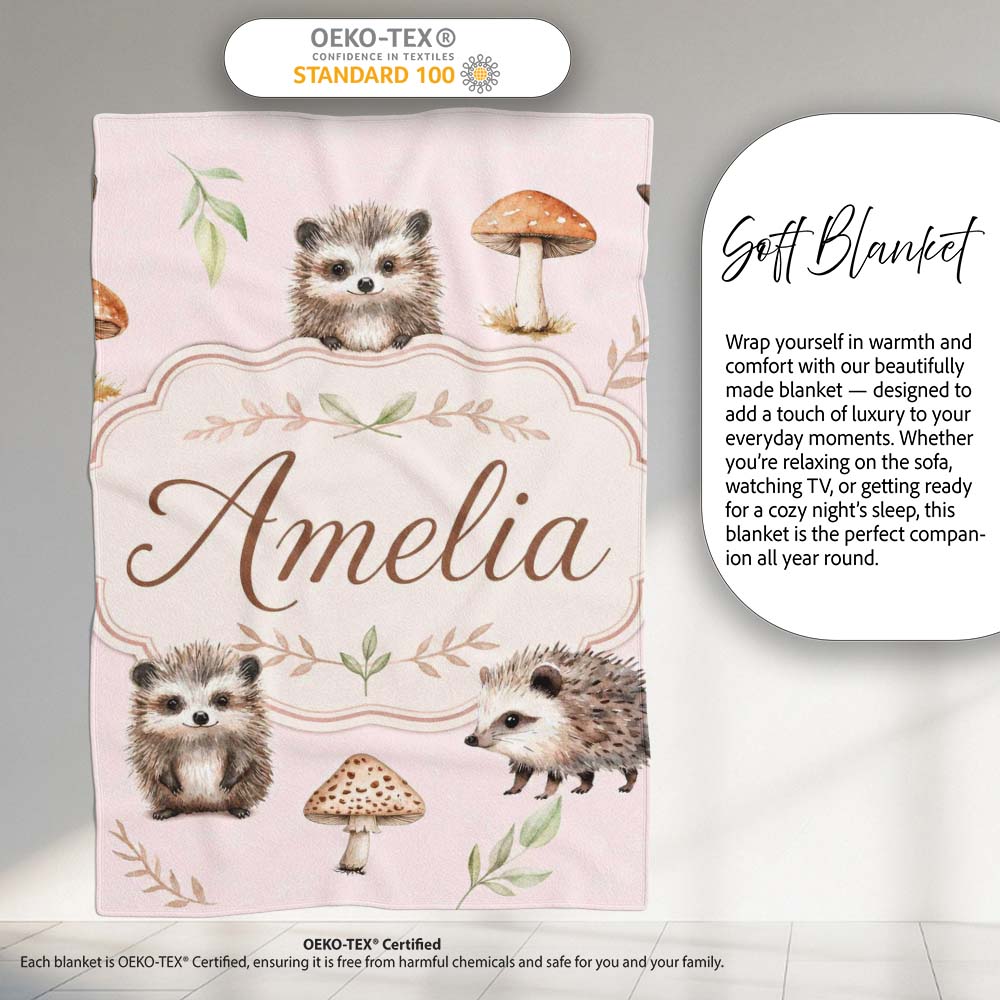 Cute Hedgehog and Mushroom Seamless Pattern Woodland Nursery Design  Personalised Custom Name Super Soft Fleece Blanket Bed Sofa Throw