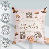 Custom Name Cute Hedgehog and Mushroom Seamless Pattern Woodland Square Filled Cushion Throw Pillow Sofa Bed Home Decor Zip Washable UK Made