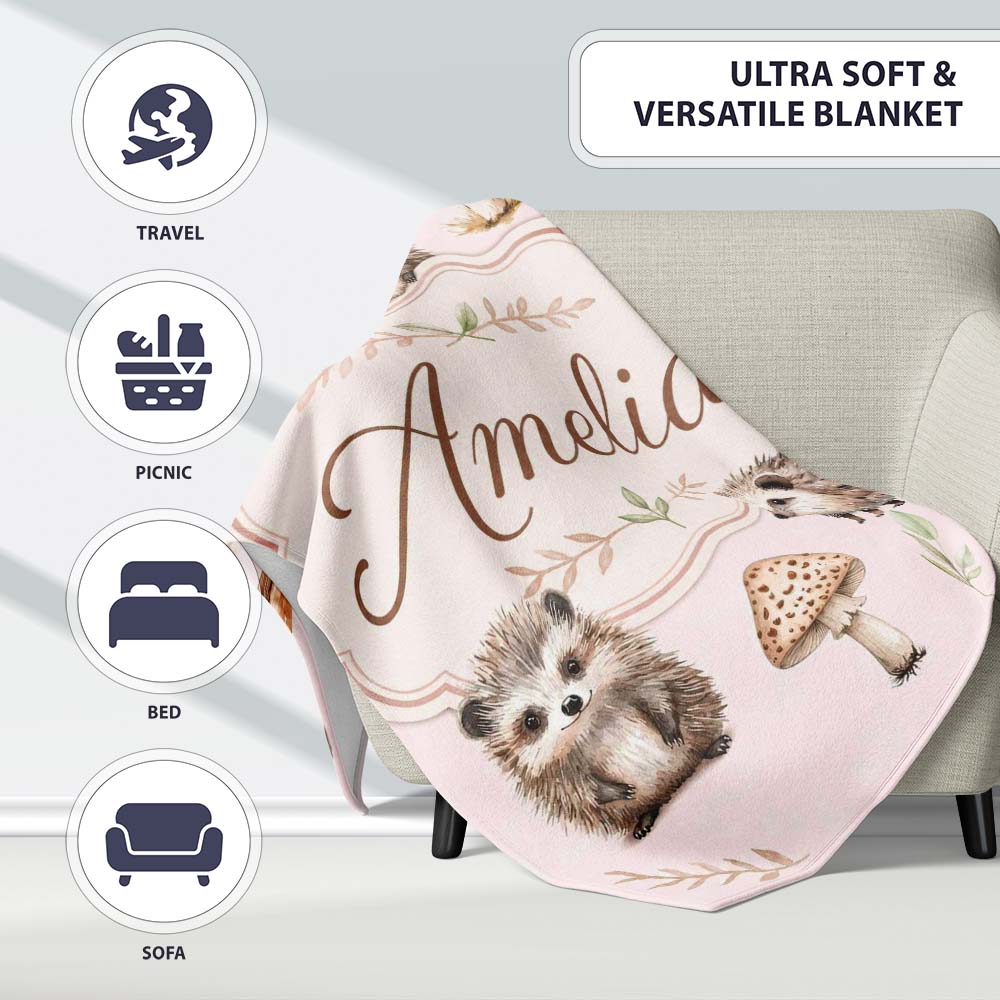 Cute Hedgehog and Mushroom Seamless Pattern Woodland Nursery Design  Personalised Custom Name Super Soft Fleece Blanket Bed Sofa Throw