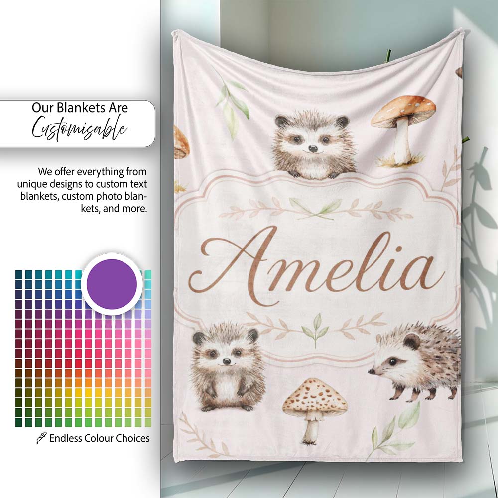 Cute Hedgehog and Mushroom Seamless Pattern Woodland Nursery Design  Personalised Custom Name Super Soft Fleece Blanket Bed Sofa Throw