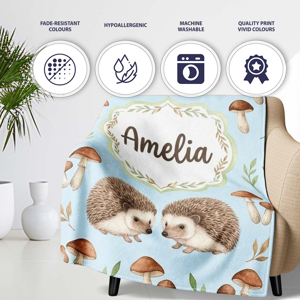 Hedgehog Mushroom Pastel Seamless Pattern Woodland Animal Nursery  Personalised Custom Name Super Soft Fleece Blanket Bed Sofa Throw