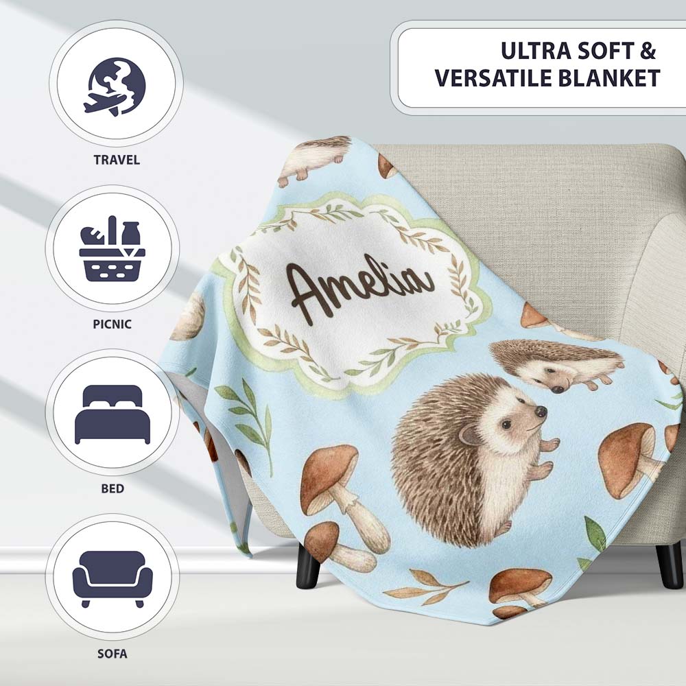 Hedgehog Mushroom Pastel Seamless Pattern Woodland Animal Nursery  Personalised Custom Name Super Soft Fleece Blanket Bed Sofa Throw