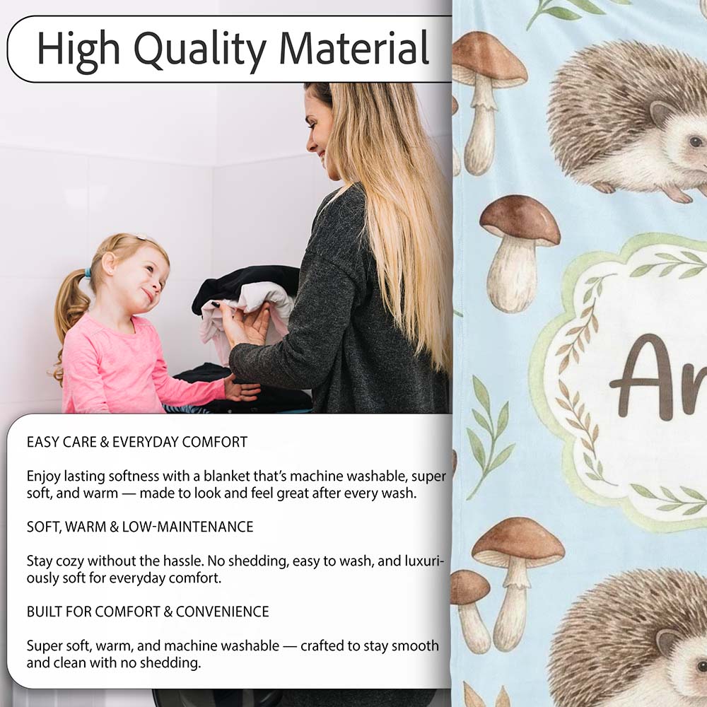 Hedgehog Mushroom Pastel Seamless Pattern Woodland Animal Nursery  Personalised Custom Name Super Soft Fleece Blanket Bed Sofa Throw