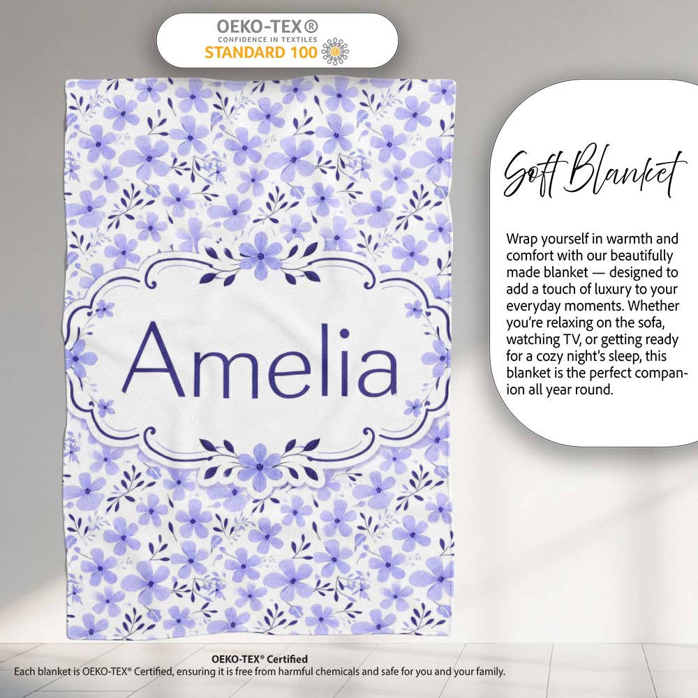 Purple Floral Meadow Seamless Pattern Simple Botanical Repeat Design  Personalised Custom Name Super Soft Fleece Blanket Bed Sofa Throw