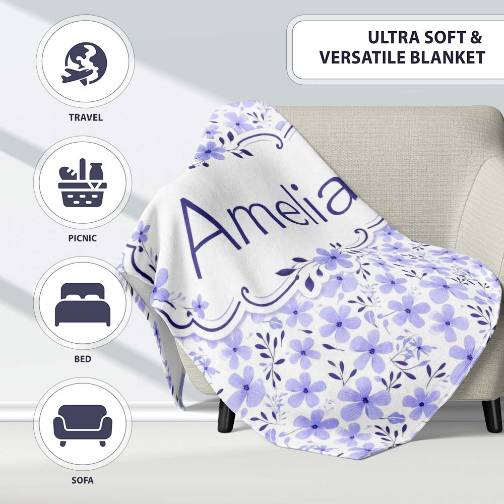 Purple Floral Meadow Seamless Pattern Simple Botanical Repeat Design  Personalised Custom Name Super Soft Fleece Blanket Bed Sofa Throw