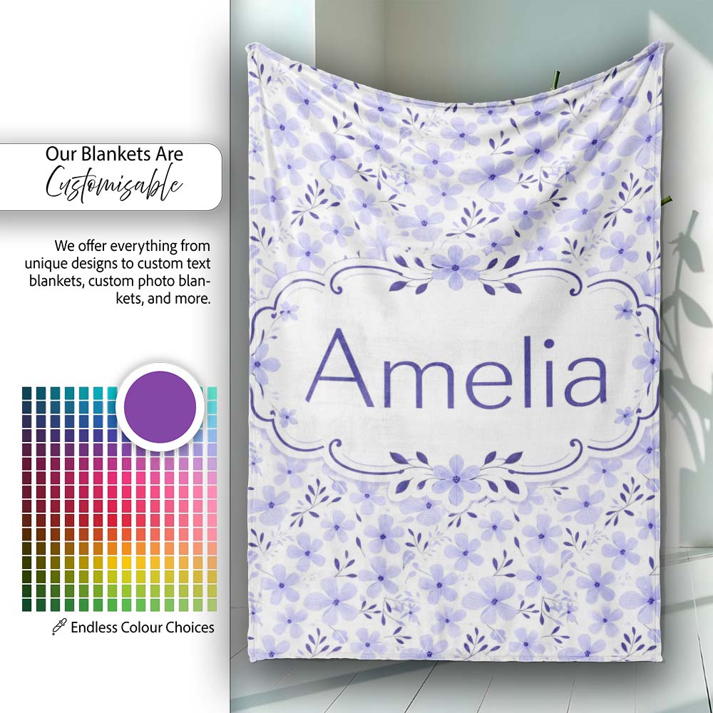 Purple Floral Meadow Seamless Pattern Simple Botanical Repeat Design  Personalised Custom Name Super Soft Fleece Blanket Bed Sofa Throw