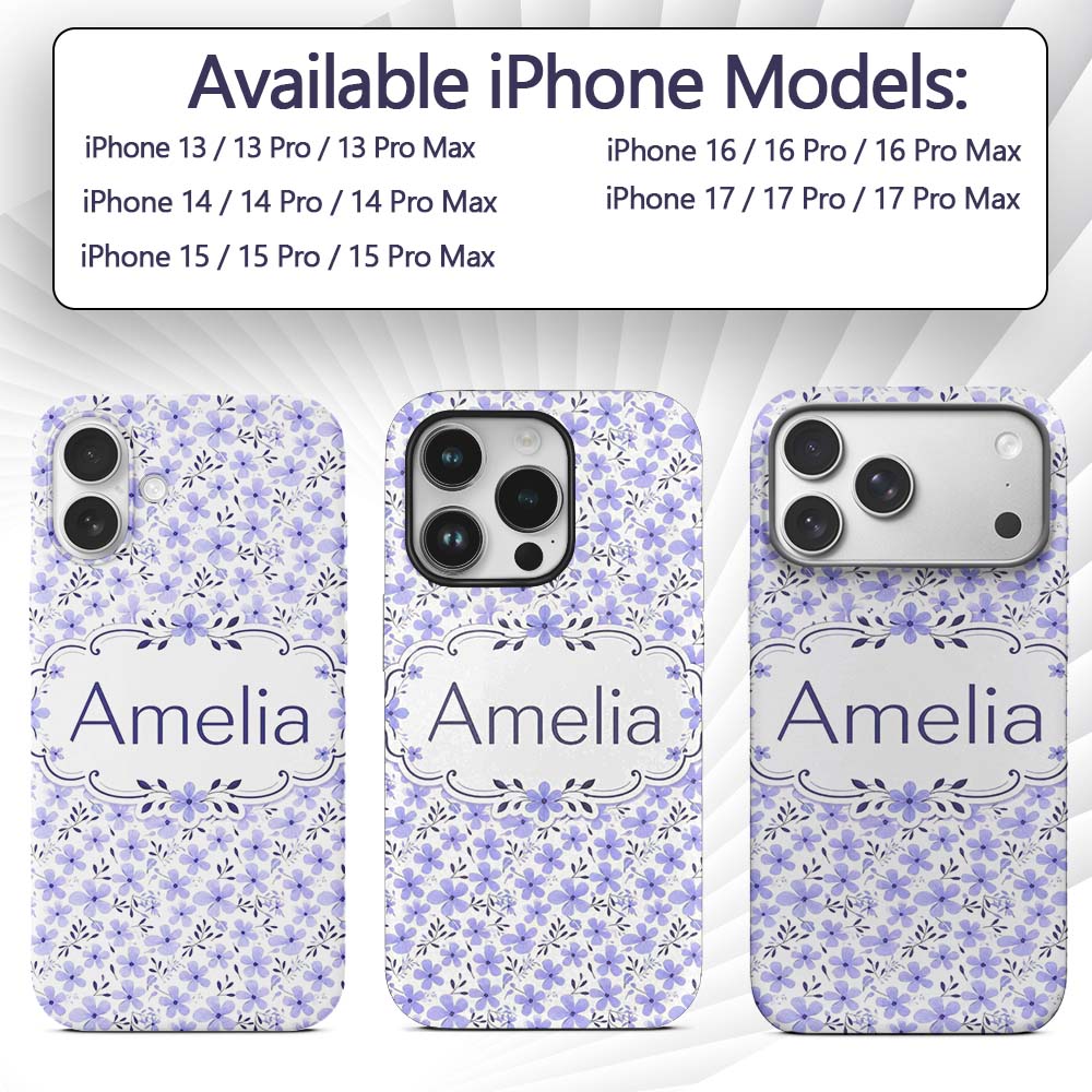 Purple Floral Meadow Seamless Pattern Simple Custom Name Protective Phone Case Mobile Cover Durable Everyday Smartphone Shock Resistant