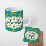 Personalized Custom Name Watercolor Christmas Trees on Teal Background with Red Stars Lovely 11oz Ceramic Coffee Tea Mug White Large Handle