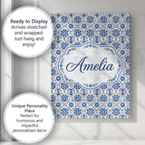 Personalised Name Blue Floral Folk Custom  Stylish Home Interior Unique Gift Idea Canvas Wall Art Print Decor Picture Ready to Hang