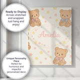 Personalised Name Cute Teddy Bear Bow Cartoon Animal Pattern Beautiful Custom Decorative Canvas Wall Art Print Decor Picture Ready to Hang