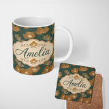 Personalized Custom Name Rustic Autumn Floral Pattern with Warm and Deep Green Seamless 11oz Ceramic Coffee Tea Mug White Large Handle