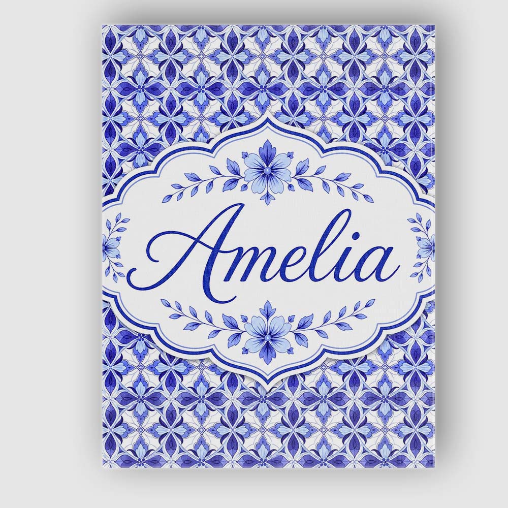 Personalised Name Blue Geometric Floral Custom  Modern Room Accent Elegant Feature Canvas Wall Art Print Decor Picture Ready to Hang