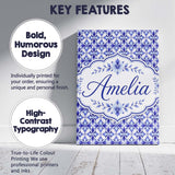 Personalised Name Blue Geometric Floral Custom  Modern Room Accent Elegant Feature Canvas Wall Art Print Decor Picture Ready to Hang