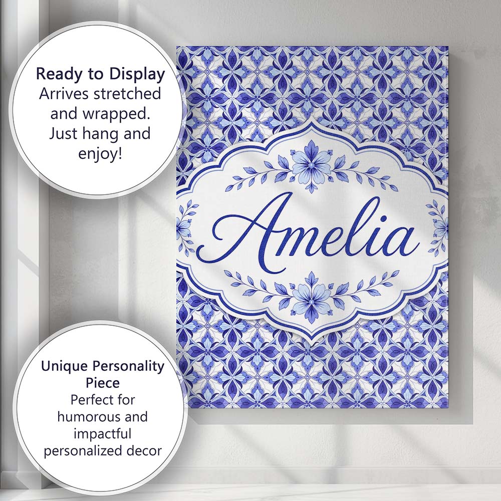Personalised Name Blue Geometric Floral Custom  Modern Room Accent Elegant Feature Canvas Wall Art Print Decor Picture Ready to Hang