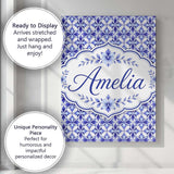 Personalised Name Blue Geometric Floral Custom  Modern Room Accent Elegant Feature Canvas Wall Art Print Decor Picture Ready to Hang